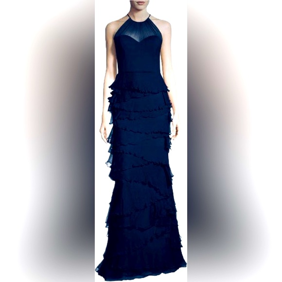 Badgley Mischka Navy Blue Formal Ruffled Gown Size 10 NWOT - Picture 1 of 2